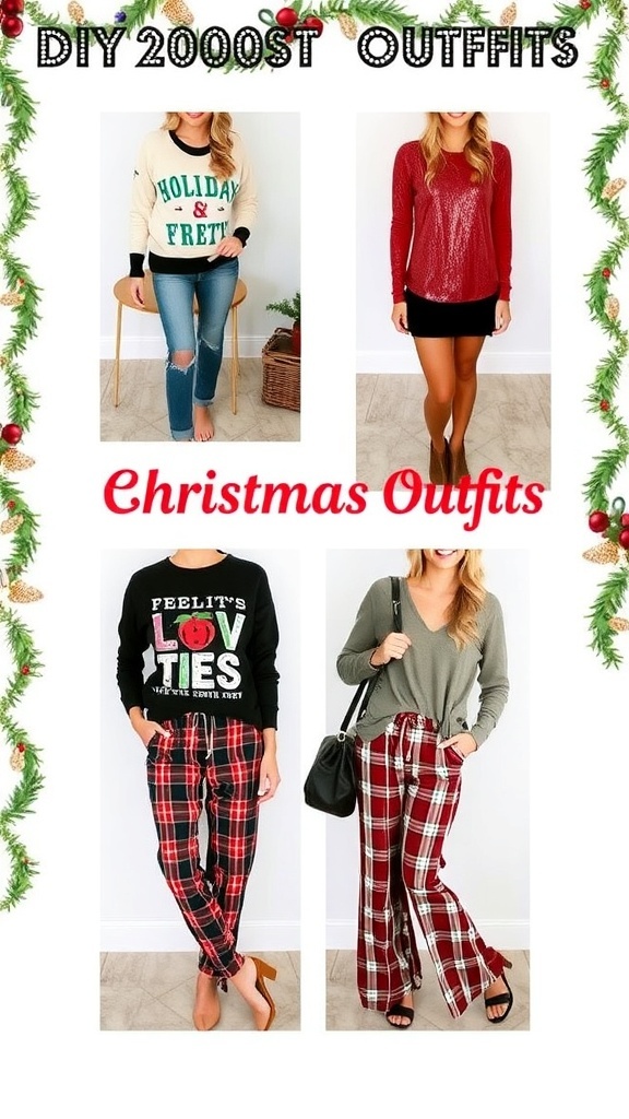 A collection of 2000s Christmas outfits including sweaters, skirts, pajamas, and dressy attire.